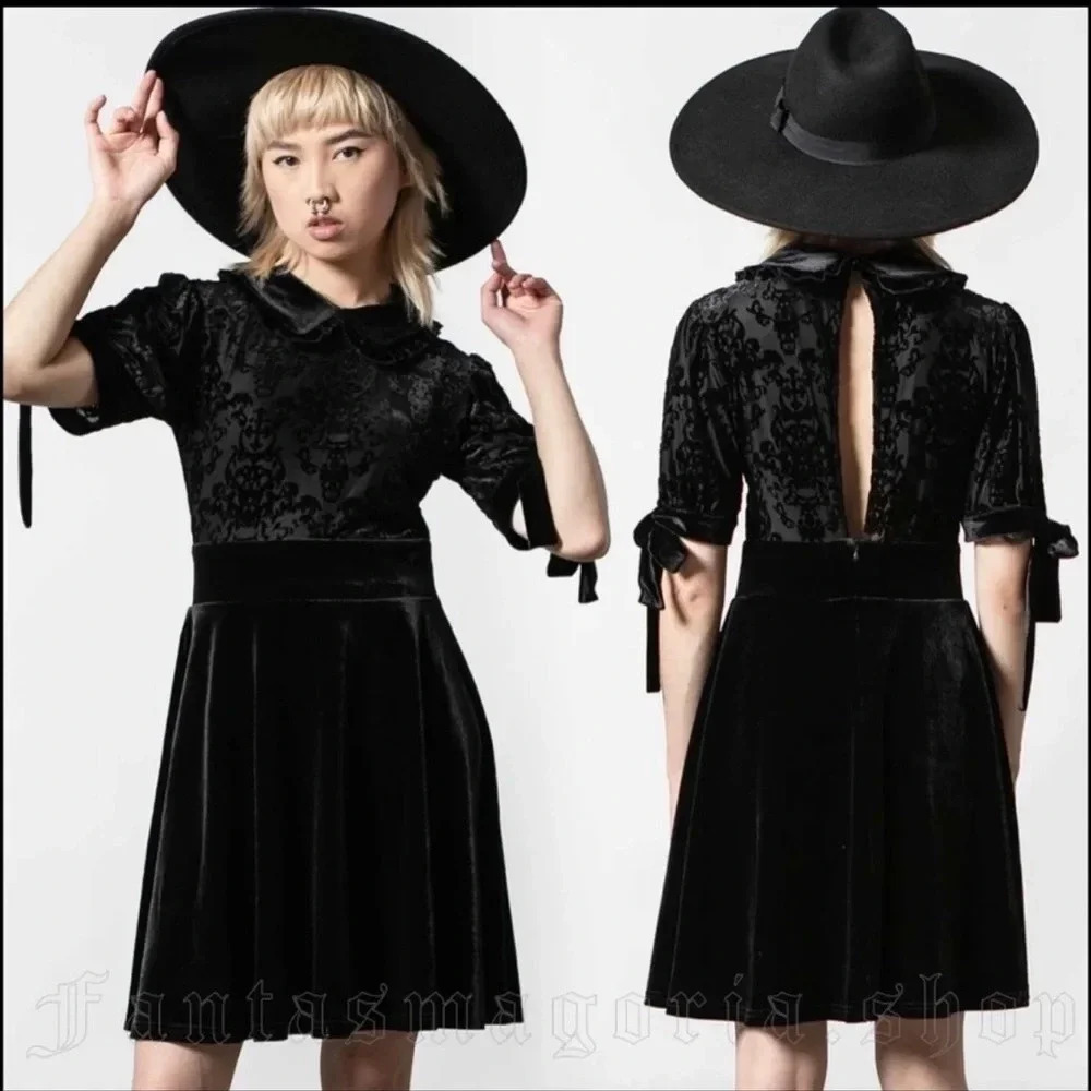 Killstar Miss FurFur Black Mini Velvet Dress Bow Detail Goth Grunge Punk Size S
